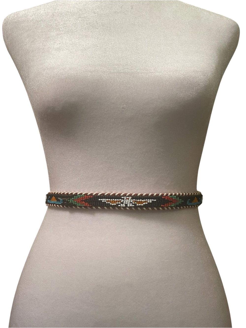 Vintage Hand-Beaded Southwestern Accent Waist Leather Belt — Multicolor 32”